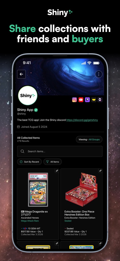 Shiny - Card Value Scanner - Explore how users can effortlessly share their TCG collection profile, showcasing prized items such as the 'Mega Dragonite ex' and other collected sets.