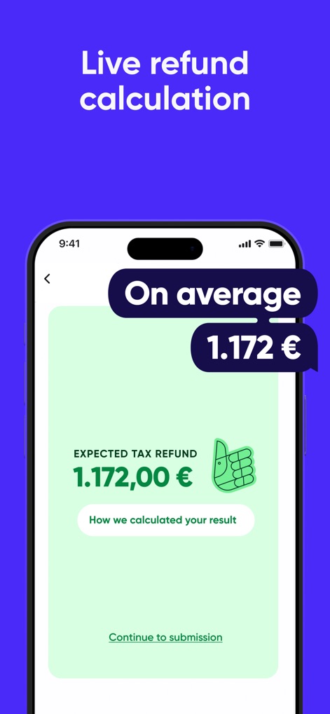 Steuerbot – Your Tax-App - The app provides instant feedback on the "Expected Tax Refund," updating the displayed amount dynamically based on user inputs for a "Live calculation."