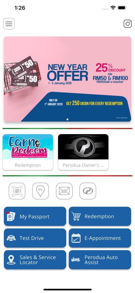 UFirst Perodua Passport - The app's engaging home screen highlights a prominent "New Year Offer" banner and direct access to essential functions like "Redemption" and "Test Drive" appointments.