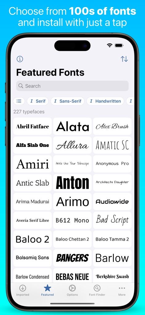 iFont: find, install any font - Users can browse an extensive library of fonts through the 'Featured Fonts' section, easily filtering by categories like Serif and Sans-Serif.