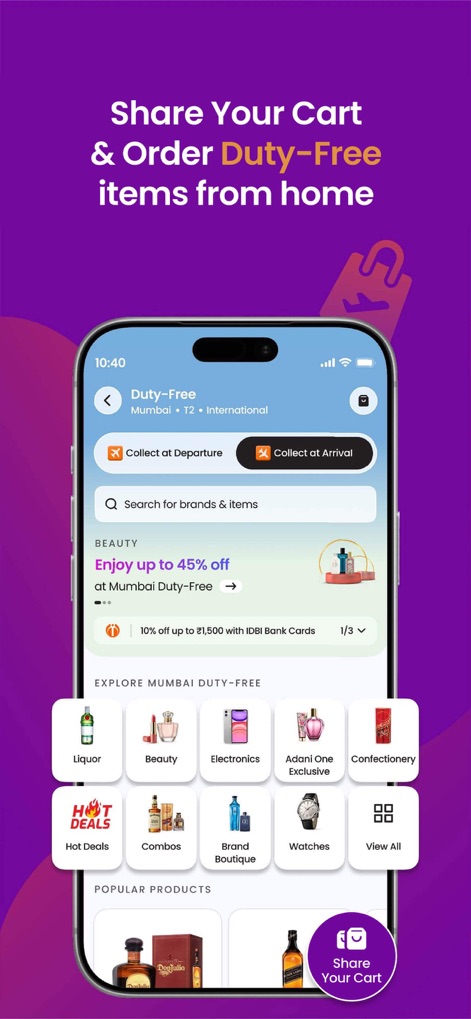 Adani OneApp: For Smart Travel - The app provides flexible collection options, allowing users to choose between 'Collect at Departure' or 'Collect at Arrival', while browsing diverse product categories such as Liquor and Electronics.