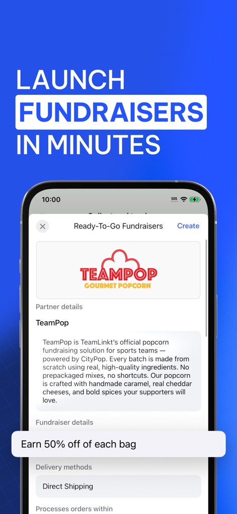 TeamLinkt - Sports Team App - Cet outil permet de lancer des campagnes de financement clé en main en quelques minutes, présentant les détails du partenaire comme "TeamPop" et le pourcentage des bénéfices pour l'équipe.