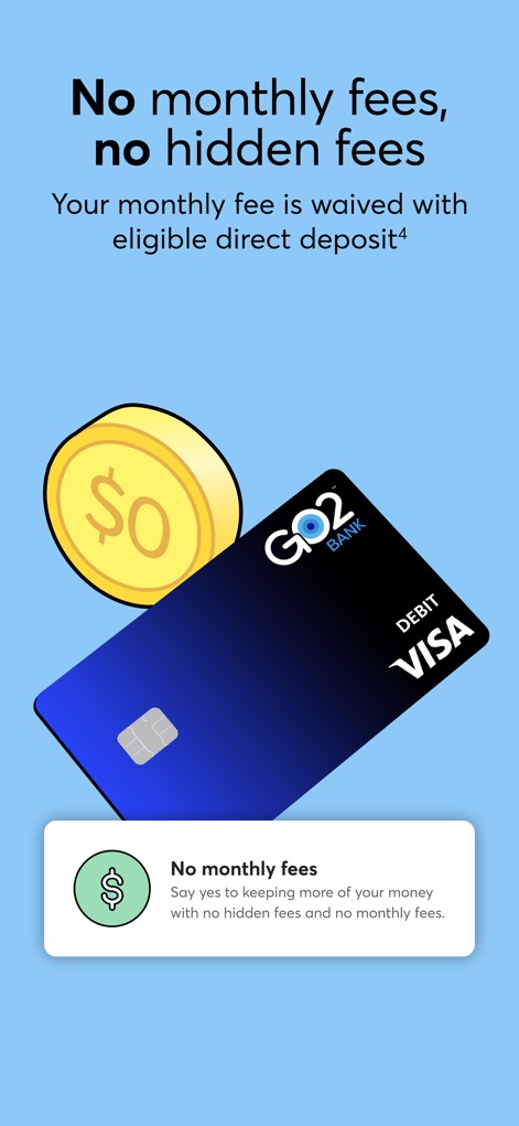 GO2bank: Mobile banking - The visual clearly communicates the absence of monthly fees, represented by the '$0' coin graphic and a confirming 'No monthly fees' pop-up.