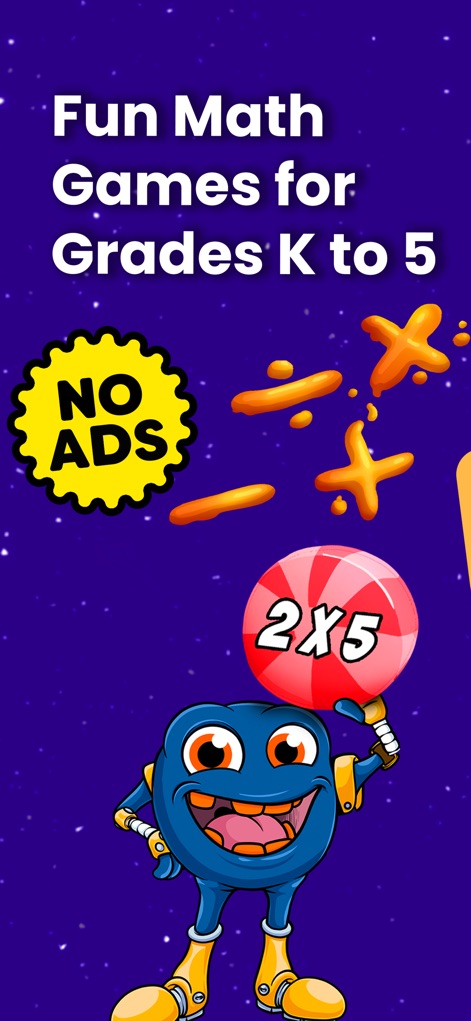 Math Facts Fun Practice Games - 이 앱은 K-5학년 학생들을 위한 재미있는 수학 게임을 제공합니다. 사용자는 '광고 없음' 배지로 방해받지 않는 학습 환경을, 그리고 '생동감 있는 몬스터 캐릭터'를 통해 즐거움을 경험할 수 있습니다.