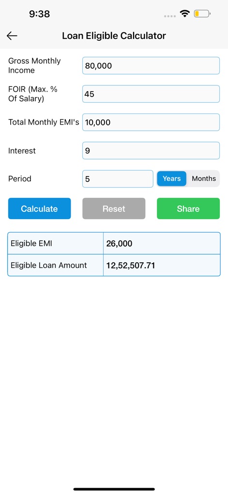 EMI Calculator : Loan Manager - This calculator helps assess borrowing capacity by evaluating gross monthly income and existing EMIs, providing an eligible EMI and a maximum eligible loan amount.