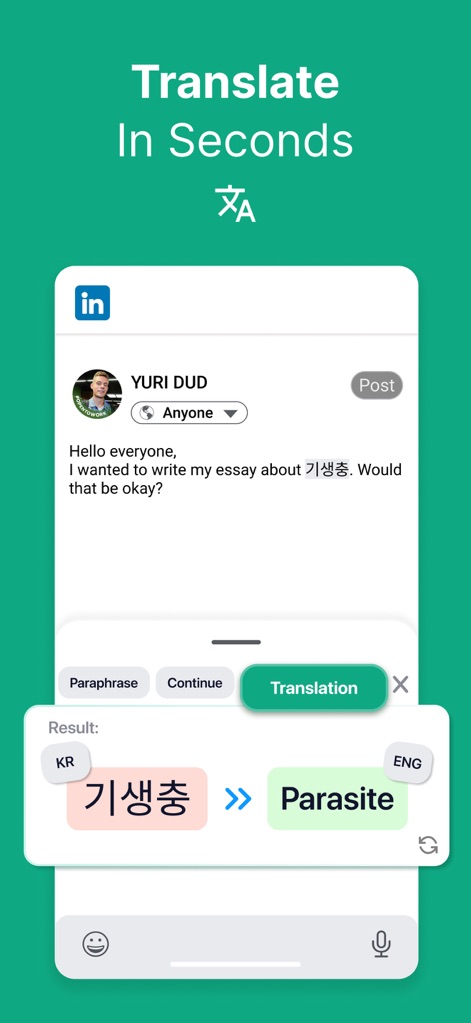 TypeAI: AI Keyboard & Writer - This tool provides immediate translation within various apps, clearly displaying the original text "기생충" and its English counterpart "Parasite".
