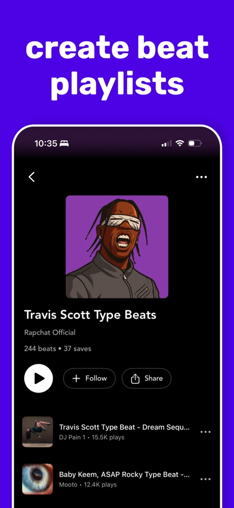 Rapchat: Music Maker Studio - Artists can build and manage beat playlists, featuring options to 'Follow' other creators and access a curated list of related tracks like 'Travis Scott Type Beats'.