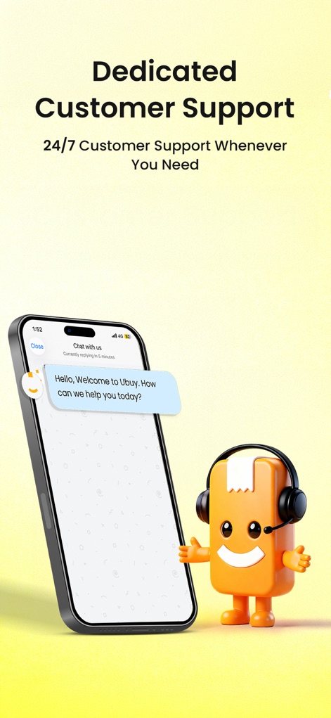 Ubuy: International Shopping - The app offers 'Dedicated Customer Support' with a 'Chat with us' interface, ensuring users receive assistance whenever needed from a responsive team.