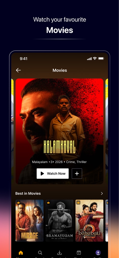 Sony LIV - Le service propose une vaste sélection de films, mise en lumière par des titres comme "Kalamkaval" et son bouton 'Watch Now', avec une section 'Best in Movies' (Meilleurs films) regroupant des productions diverses.
