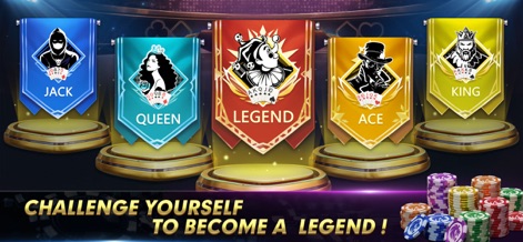 Texas Poker:Texas Holdem Game - O sistema de progressão do aplicativo é ilustrado com rankings como "Jack" e "Legend", representados por banners coloridos em pedestais.