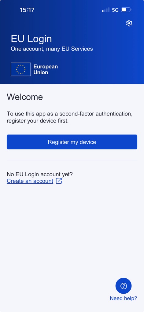 EU Login - Users can initiate the registration process with the prominent 'Register my device' button and discover how to 'Create an account' if they are new to EU Login.