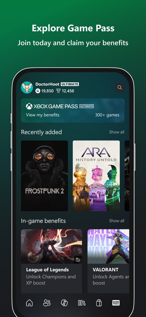 Xbox - The app highlights the extensive Game Pass catalog, allowing users to view their benefits and explore new additions alongside exclusive in-game perks.