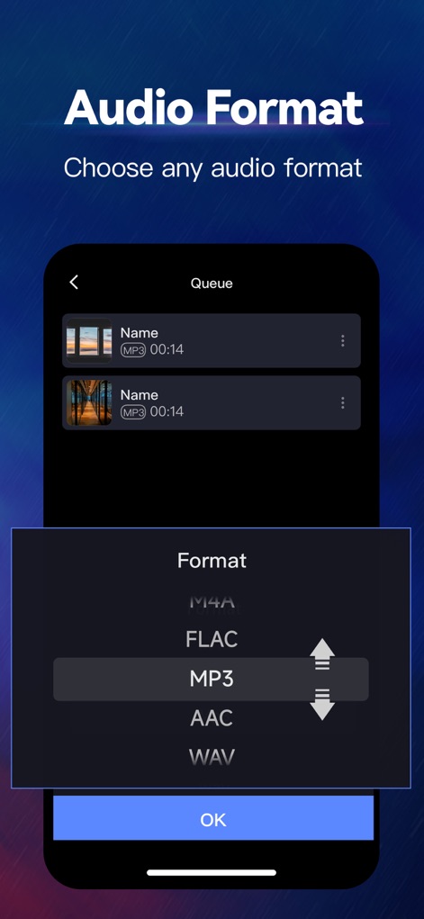 MP3 Converter - Audio Trimmer - This screen demonstrates the flexibility of output formats, allowing users to select specific types like MP3 or FLAC, confirming their choice with the prominent "OK" button.