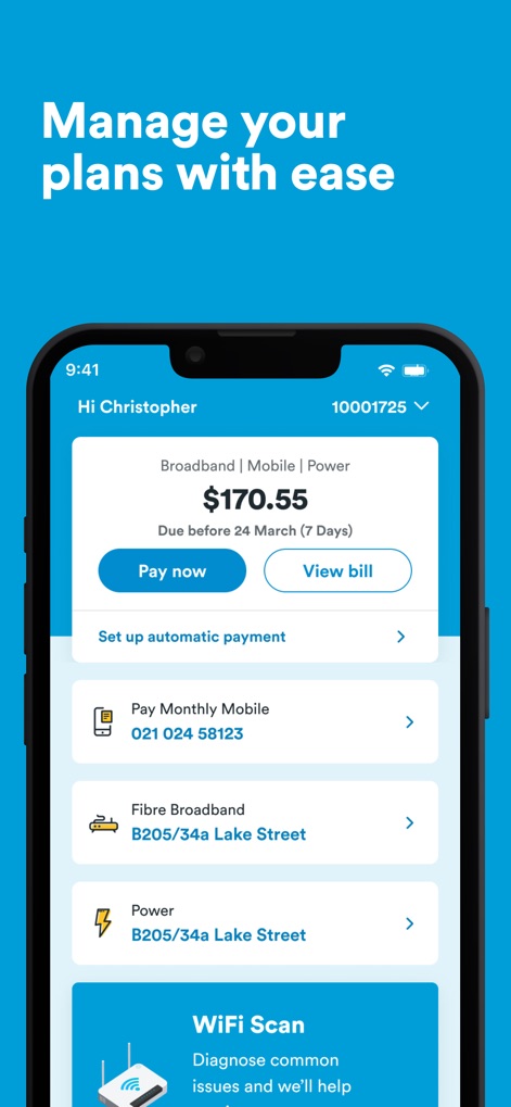 2degrees NZ - This dashboard presents a consolidated bill overview for multiple services and direct access to payment options, alongside a handy 'WiFi Scan' tool for troubleshooting.