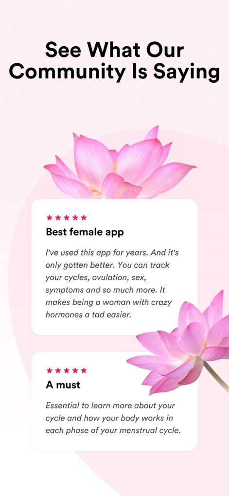 IVY Period & Pregnancy Tracker - A galeria exibe depoimentos de usuários satisfeitos, reforçados pelas estrelas de avaliação, que atestam a eficácia e o suporte da comunidade.