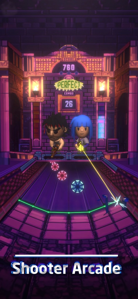Beat Swiper - Engage with the 'Shooter Arcade' characters, who unleash projectile-like star-shaped beats against a vibrant brick background.