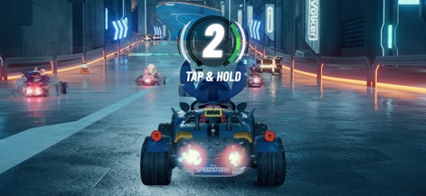 Disney Speedstorm - Prepare for the race as the countdown sequence initiates, focusing on Stitch's kart positioned at the starting line and the clear 'Tap & Hold' instruction.