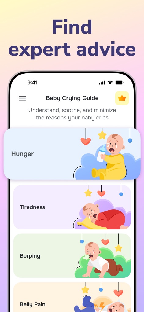 Cry Analyzer · Baby Translator - L'app offre una "Baby Crying Guide" con sezioni illustrate dedicate a "Hunger" e "Tiredness", fornendo consigli approfonditi approvati da esperti.