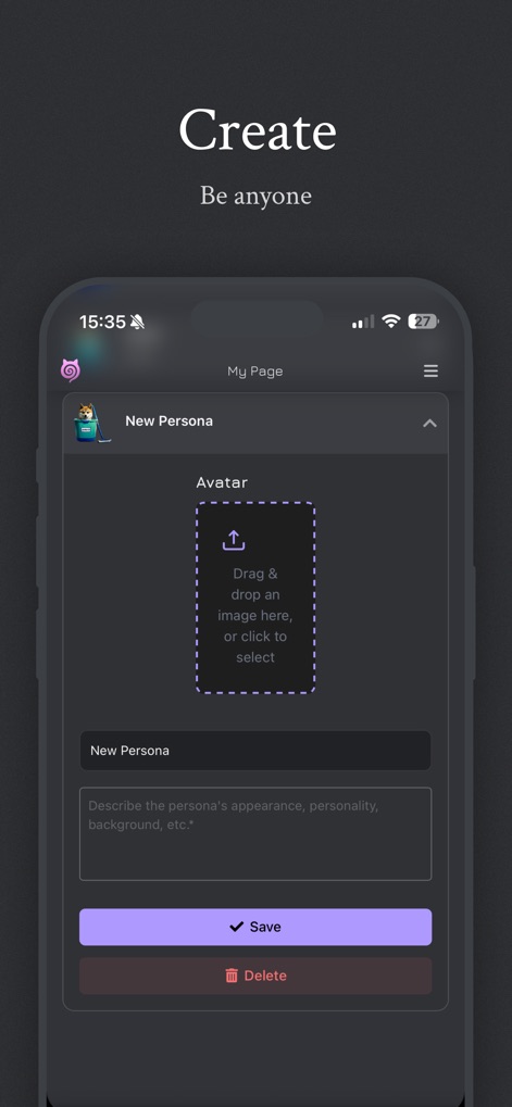 Janitor AI - Official App - La pantalla de creación de persona invita a los usuarios a ser quienes quieran, facilitando la adición de una imagen de avatar y un campo de descripción detallado para dar vida a nuevas identidades.