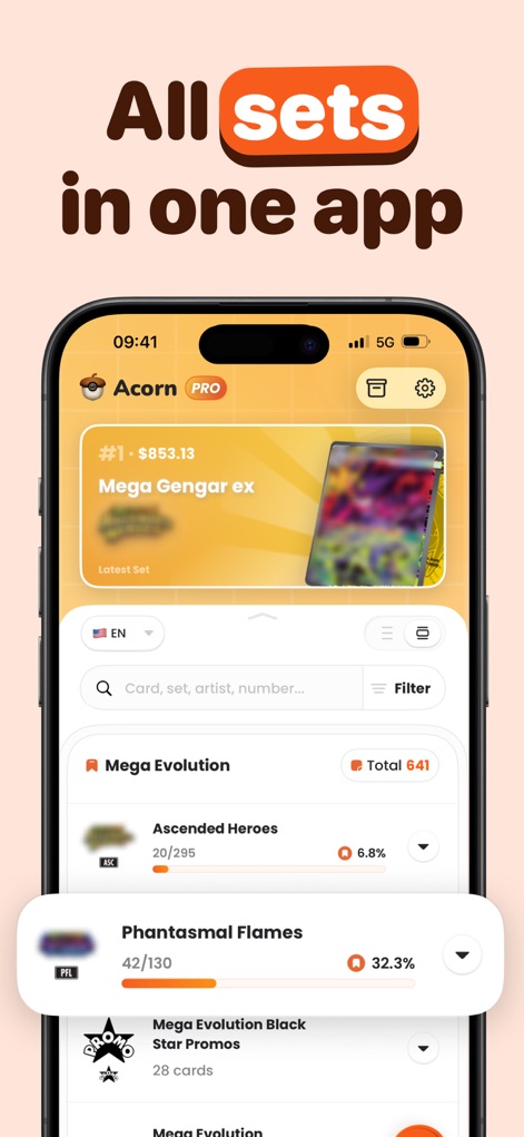Acorn TCG ‒ Card Scanner App - This tool provides a unified platform to manage all TCG sets, showcasing card values like '$853.13' for specific cards and tracking completion percentages for sets such as 'Phantasmal Flames'.