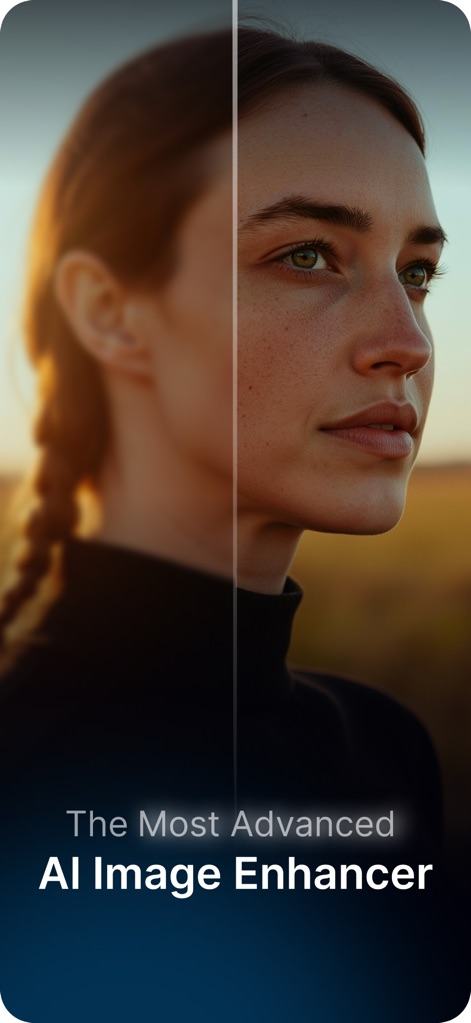 Topz AI: Photo Video Enhancer - O aplicativo transforma fotos desfocadas em nítidas, demonstrando uma notável "melhora na nitidez facial" e "clareza dos detalhes".