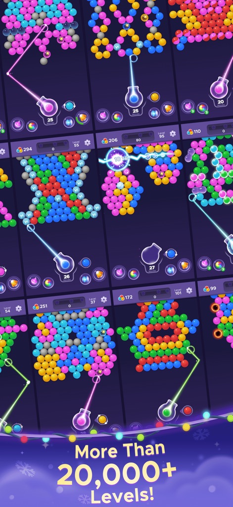 Bubble Relax: Pop Shooter - Discover the vast multi-level display, illustrating over 20,000 unique challenges, and the varied bubble puzzle configurations available.