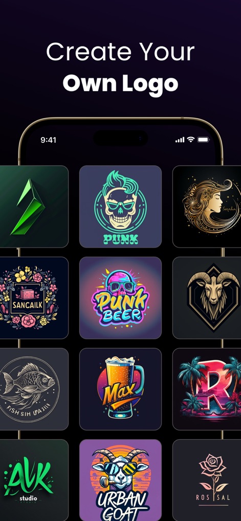 Arvin®: AI Product Photo Maker - Explore a wide array of logo designs, from vibrant skull graphics to intricate animal emblems, demonstrating the app's versatile stylistic capabilities.