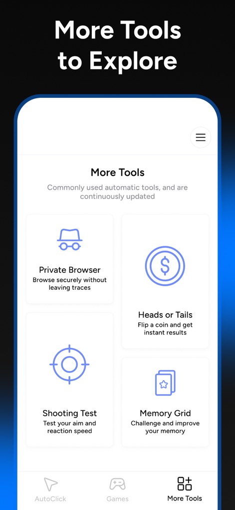 Auto Tapper Assistant App - Explore valuable utilities such as the "Private Browser" for secure navigation and the engaging "Memory Grid" game.