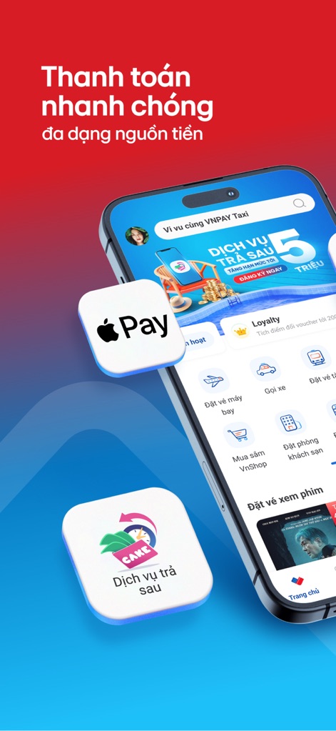 VNPAY App - This view showcases the app's flexible payment ecosystem, prominently featuring 'Apple Pay' integration and the 'Postpaid services' feature for financial flexibility.