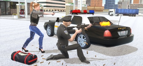 Police Simulator Cop Car Duty - Experience dangerous engagements, featuring two police officers engaged in a shootout and their smoking police car under fire.