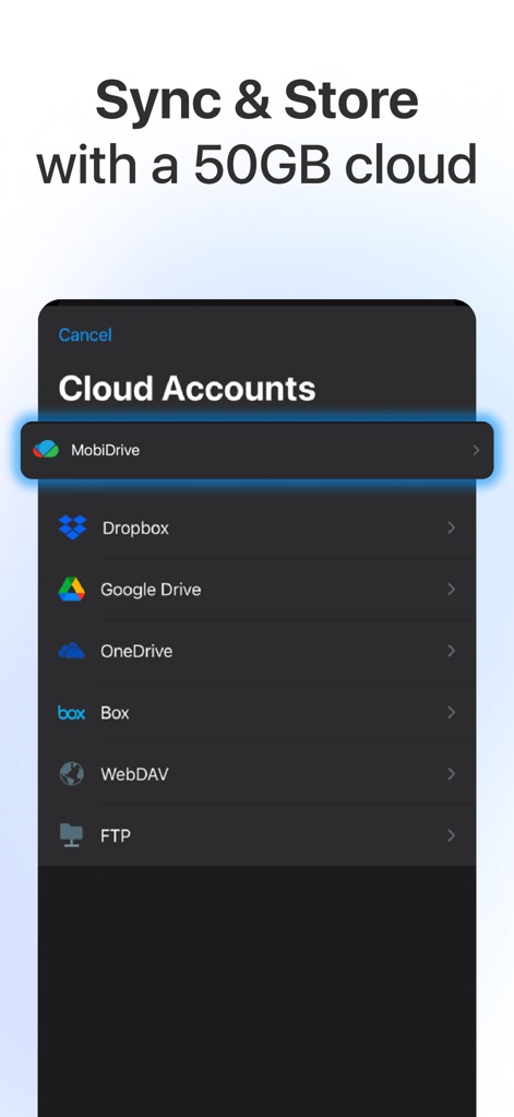 MobiOffice・Word Docs・Excel・PDF - Users can seamlessly integrate various cloud storage services and utilize MobiDrive's dedicated cloud space for secure file synchronization and storage.
