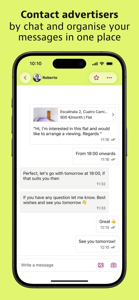 idealista - The app streamlines communication, enabling direct chat with advertisers and organizing all messages in a clear, time-stamped conversation thread for efficient engagement.