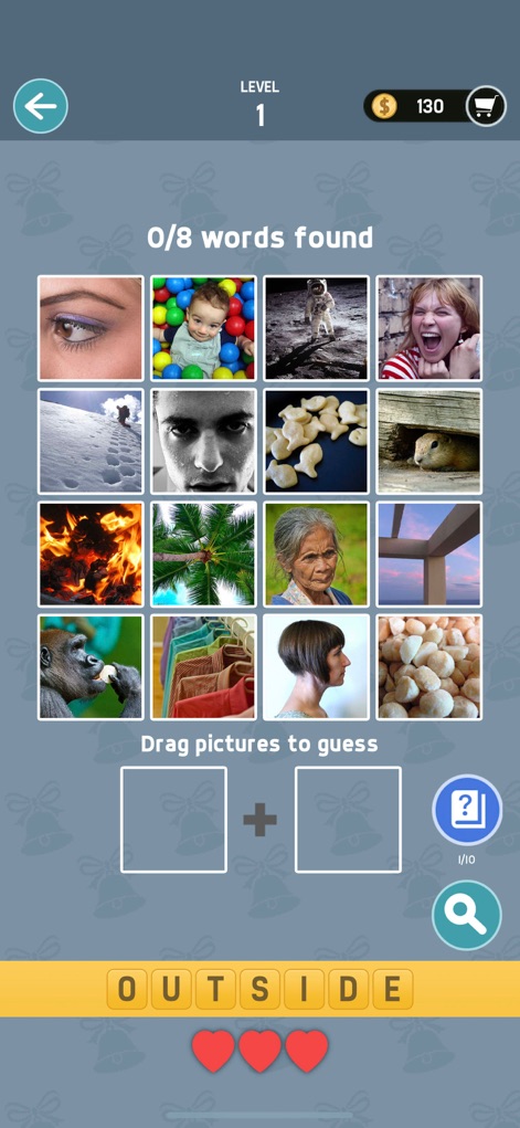 Pictoword: Fun Word Quiz Games - Discover advanced puzzle formats featuring a grid of multiple pictures for selection, which users then 'Drag pictures to guess' into combination slots.