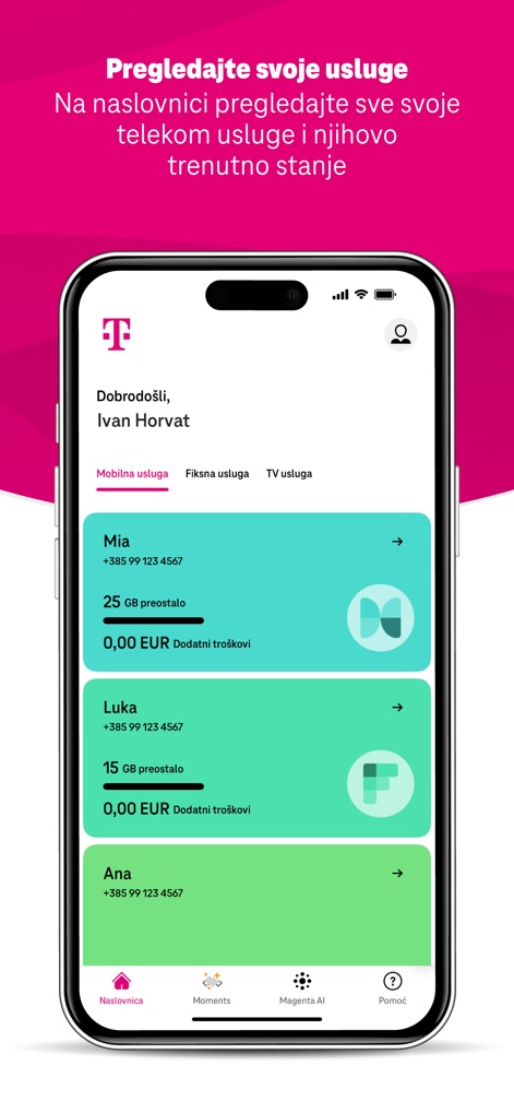 Telekom ME - Nutzer können auf diesem Bildschirm ihre abonnierten Mobilfunkdienste verwalten und die aktuelle Datennutzung sowie die zugehörigen Kosten für jede einzelne Mobilfunkleitung einsehen.