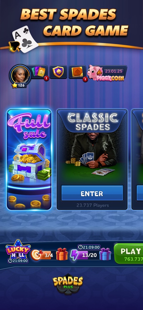 Spades Plus - Card Game - See how the app presents the 'Classic Spades' game mode and enticing 'Daily Bonus' rewards to new players.