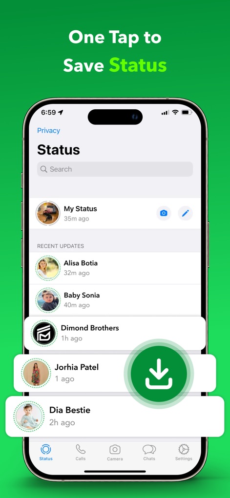 Status Saver - Download Status - See how users can effortlessly save desired statuses from their contacts, indicated by the clear list of recent updates and the prominent 'download' button.