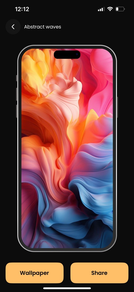 iland - 4K Wallpapers - This view allows users to preview high-quality wallpapers, such as the captivating "Abstract waves," in full-screen before applying or utilizing the prominent "Share" feature.