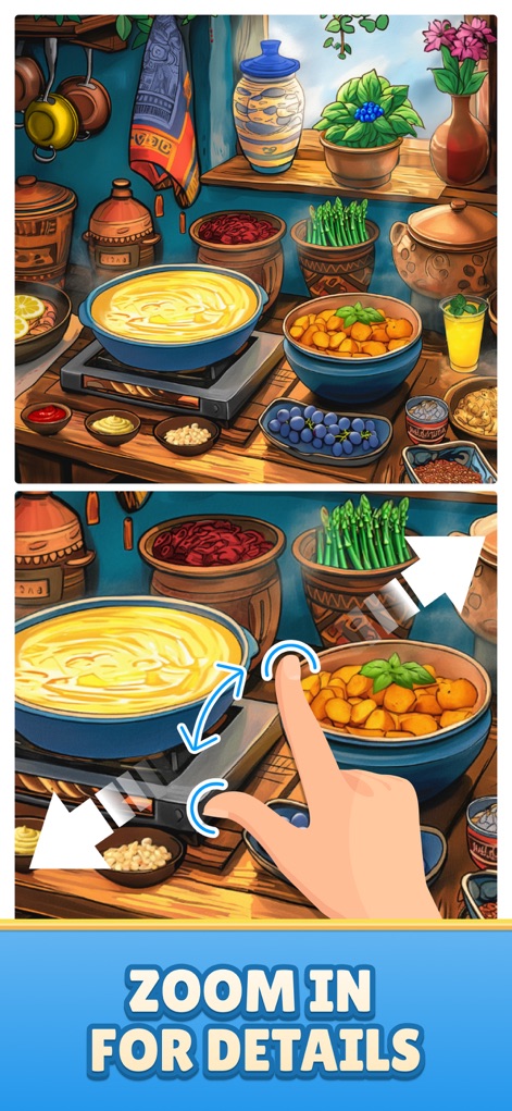 Find Master - Spot Differences - 本アプリでは、ユーザーはピンチ操作によるズーム機能を使って、賑やかなキッチンシーンに並べられた食材の細かな配置や調理器具の模様まで、詳細な違いを簡単に確認できます。