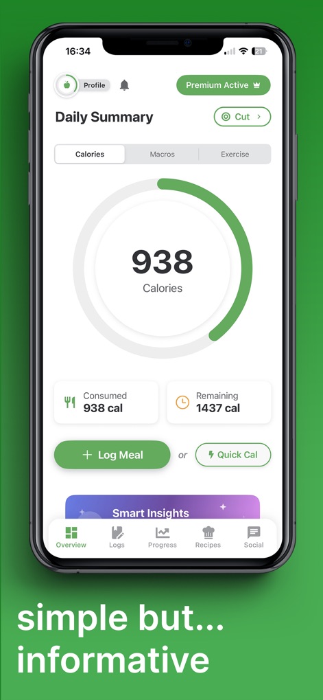 ChowTracker - La aplicación ofrece un resumen visual del progreso calórico, mostrando un círculo central con las calorías consumidas y un desglose claro de las calorías restantes para el día.