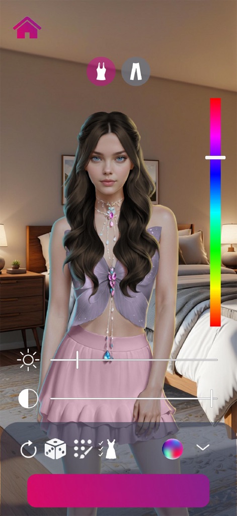 My Way: Stories & Love Episode - Users can customize their avatar with diverse outfits like the pink skirt and butterfly top, utilizing the comprehensive color palette slider for unique looks.