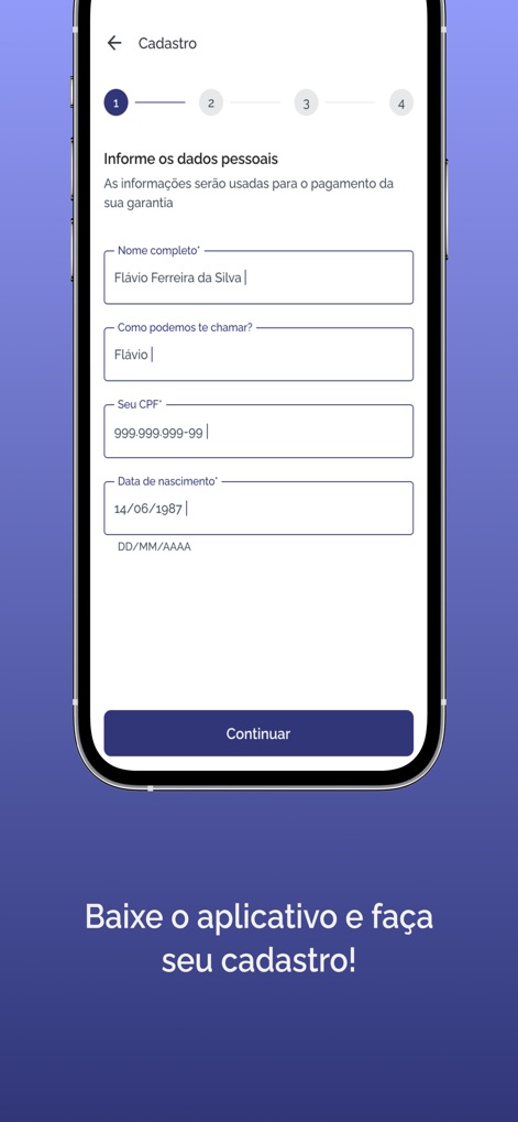 FGC - The app facilitates secure personal data input during registration, featuring fields for 'Nome completo' and 'Seu CPF' to ensure accurate user identification for guarantee claims.
