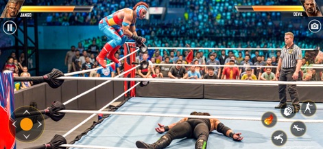 Real Wrestling Championship - La aplicación permite a los usuarios experimentar movimientos espectaculares, como se observa en la ejecución de un salto desde las cuerdas, con el oponente tendido en la lona a la espera del golpe decisivo.