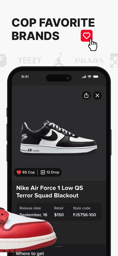 Sneakers Drops: Release＋Raffle - Les utilisateurs peuvent explorer les fiches détaillées de chaque modèle, incluant des informations essentielles comme la date de sortie officielle et le prix de vente conseillé en magasin.