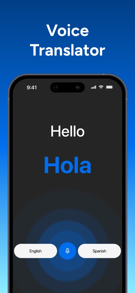 Translate AI - Live Translate App Store screenshot 1, headline “Voice Translator”. Dark.