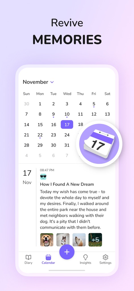 Daily Journal: Diary with Lock - Users can easily revisit past entries through an intuitive calendar view and see snippets of their memories complete with embedded photos.