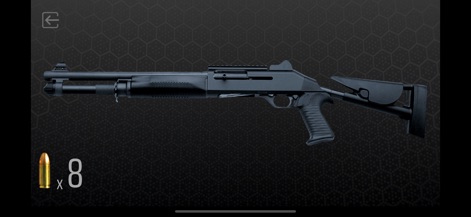 Gun Simulator - Shake to shoot - 강력한 외형의 검은 산탄총과 8발의 총알 수가 표시된 이 화면은, 다음 전투를 위한 무기 선택과 탄약 관리가 준비되었음을 보여줍니다.