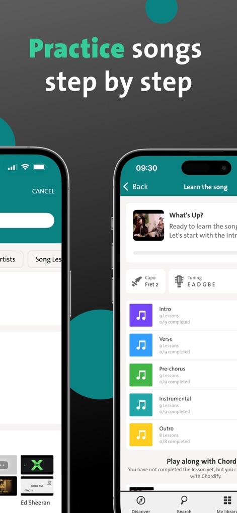 Chordify: Songs, Chords, Tuner - The app provides structured, section-based lessons for songs, complemented by quick access to capo and tuning settings for varied practice.