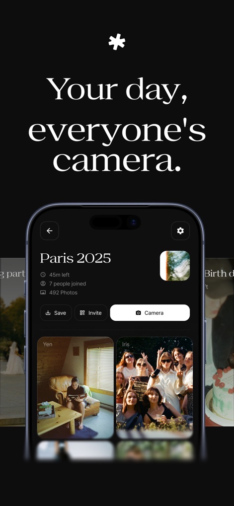 Once - Disposable Camera Event - This screen showcases the event's central dashboard with key details like event duration and total photos captured, alongside individual participant contributions.