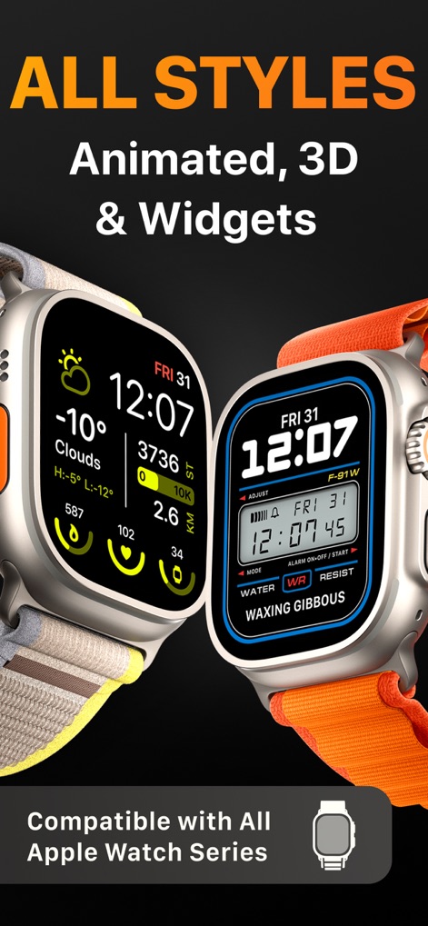 Watch Faces & Widgets Gallery - Discover the app's versatility, supporting all Apple Watch series with a range of styles from animated designs to detailed widgets.