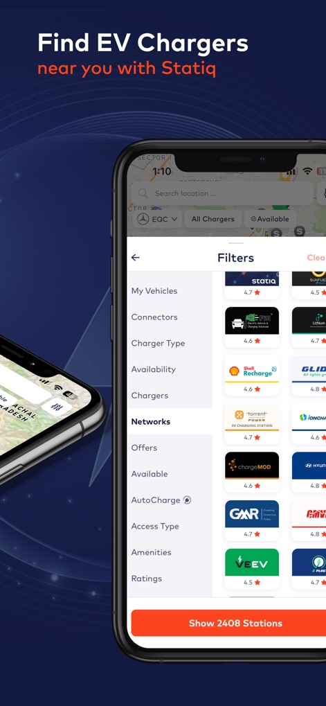 Statiq: EV Charging Stations - Gli utenti possono affinare la ricerca tramite la lista completa delle categorie di filtro, e selezionare stazioni specifiche da diversi network di ricarica.